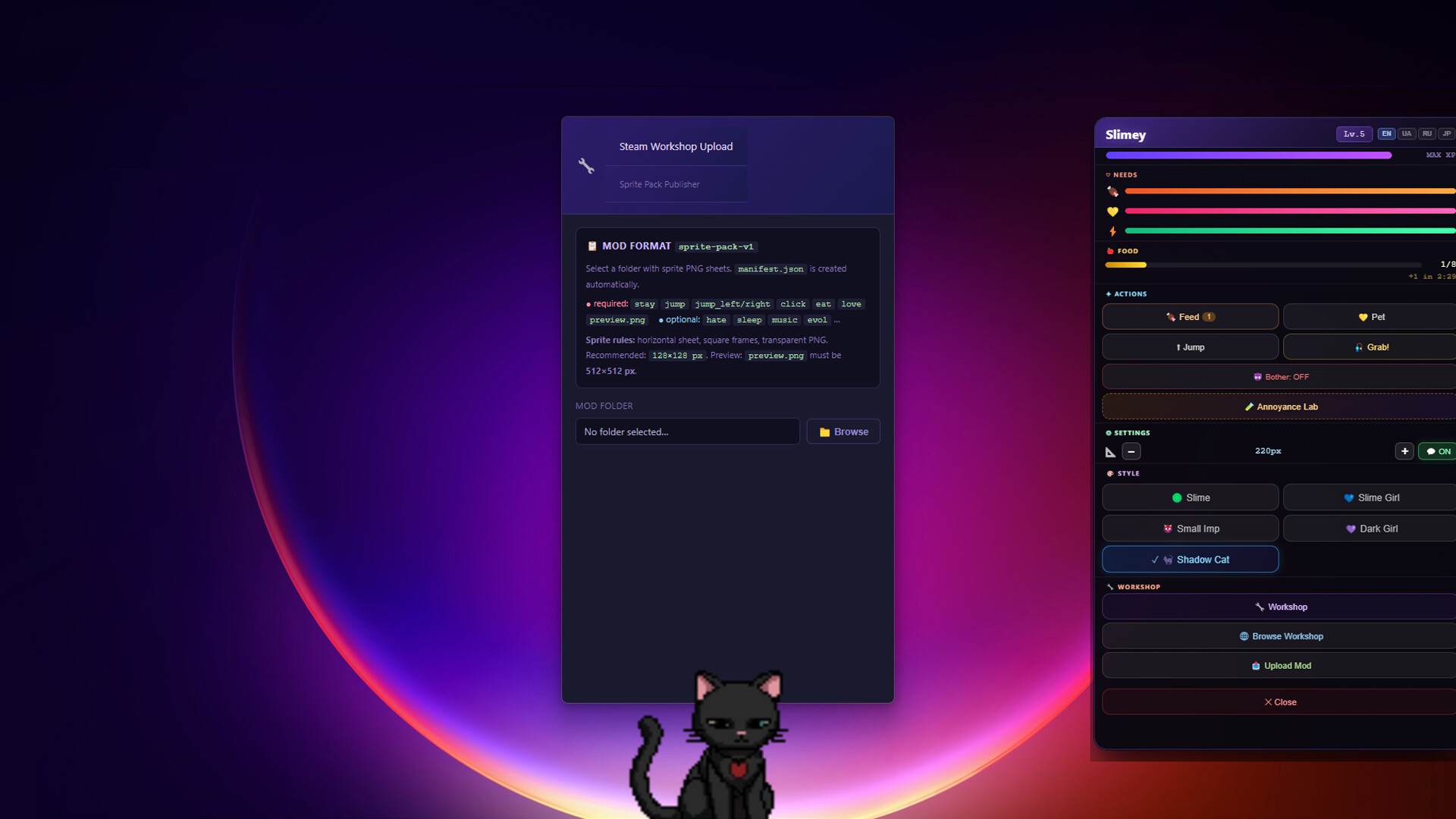 Desktop Gremlins Workshop upload and pet menu